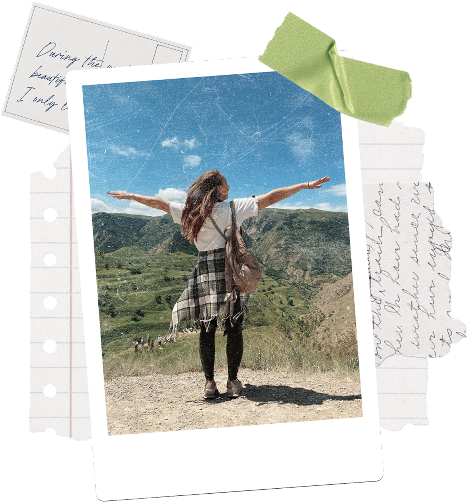 A polaroid of a traveller with her arms outstretched, taped over torn notebook pages